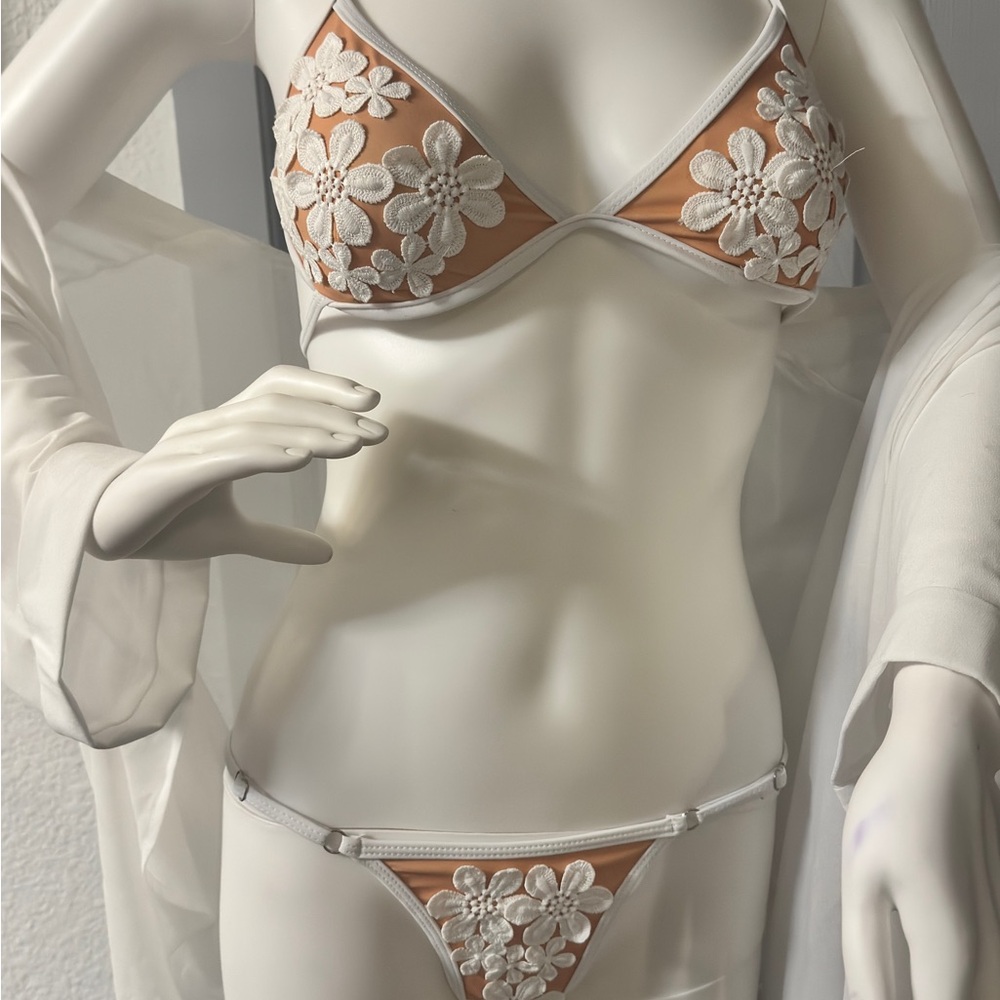 White and Tan Bikini with Delicate Embroidery